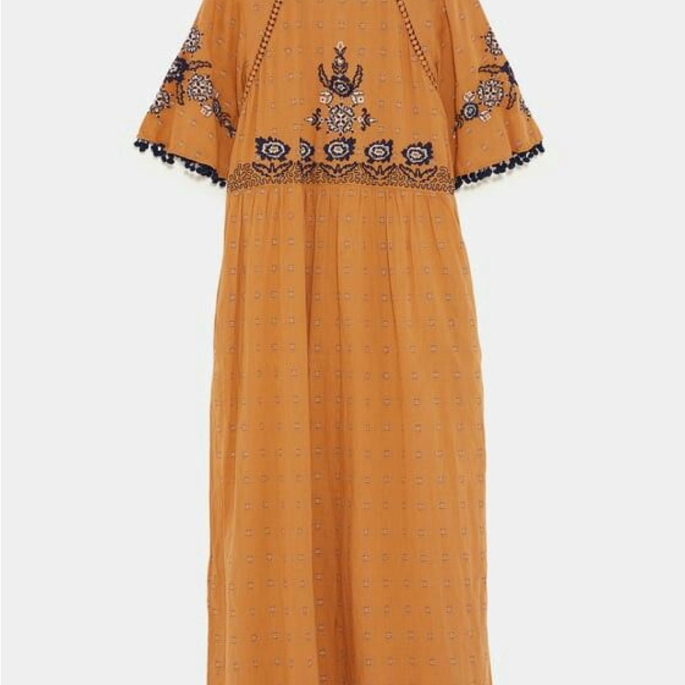 Zara Embroidered Mustard Yellow Midi Dress Small